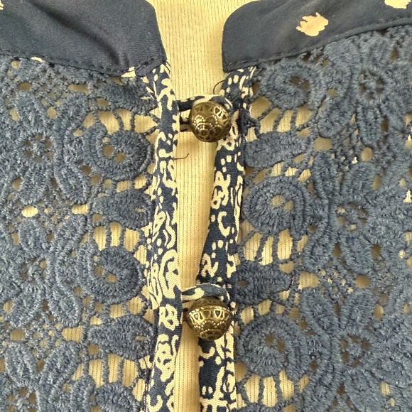 Anthropologie Navy and White Mixed-Print Crochet Yoke Blouse - Picture 6 of 9